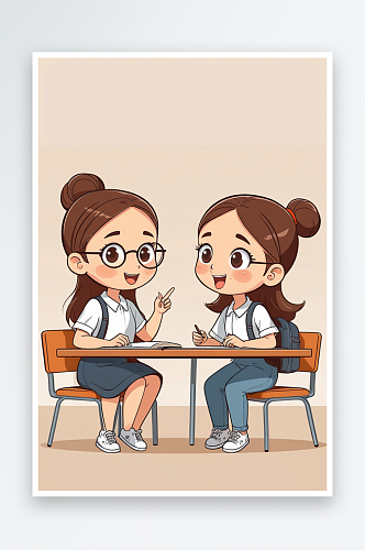 数字艺术两个卡通女孩在课堂交流