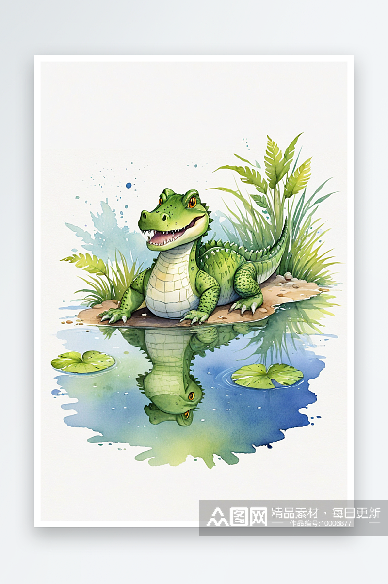 水彩可爱小鳄鱼卡通绘本素材