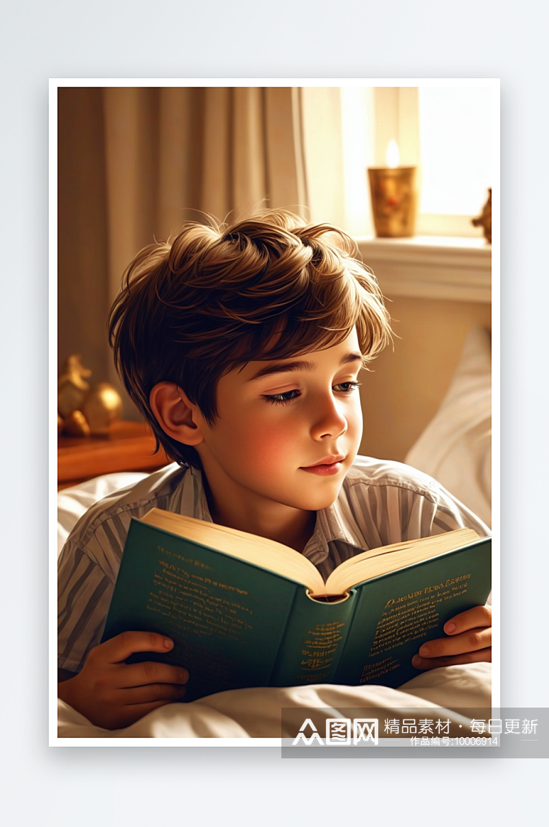 数字艺术一个男孩睡前趴在床上看书素材