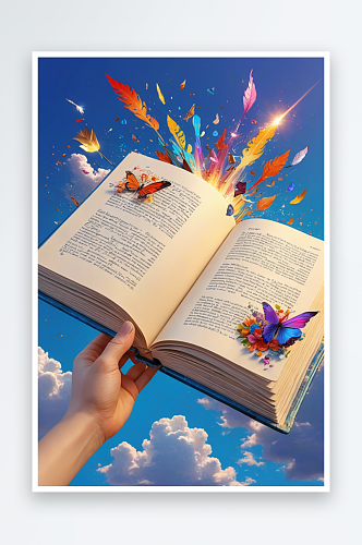 数字艺术绚丽的打开的书本爆发出多彩的能量