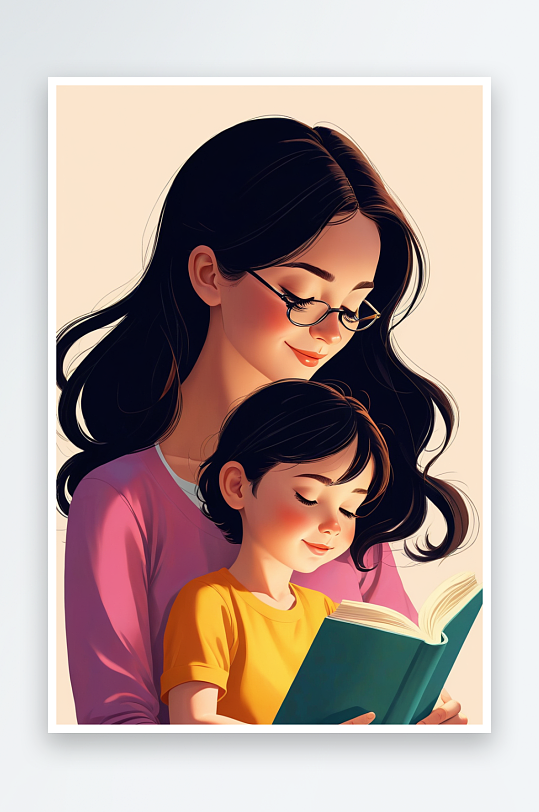 数字艺术妈妈和孩子一起看书亲子阅读概念场