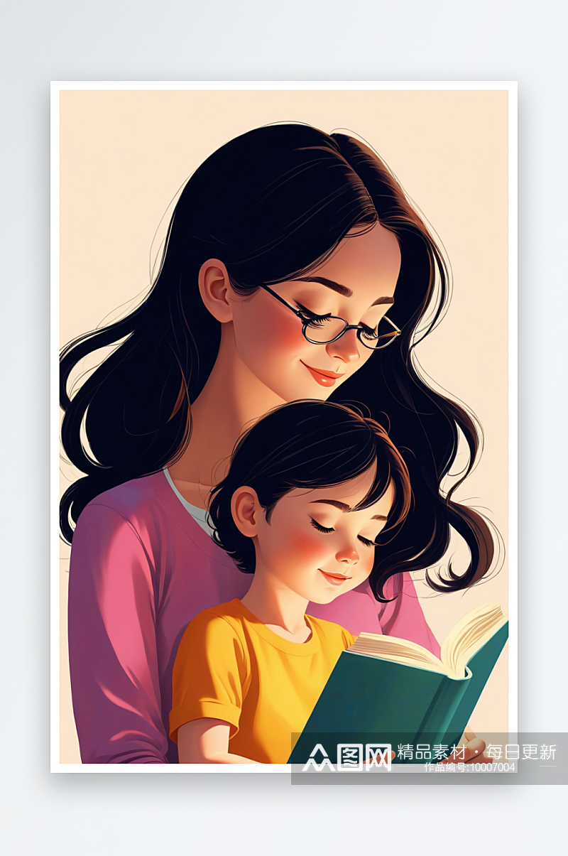 数字艺术妈妈和孩子一起看书亲子阅读概念场素材