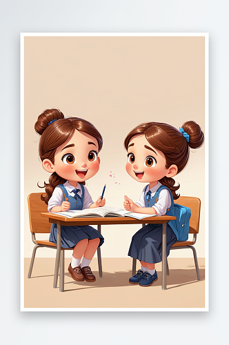 数字艺术两个卡通女孩在课堂交流