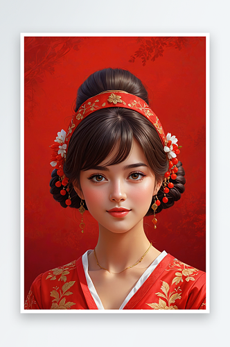 数字艺术红色背景下的传统服饰的女孩