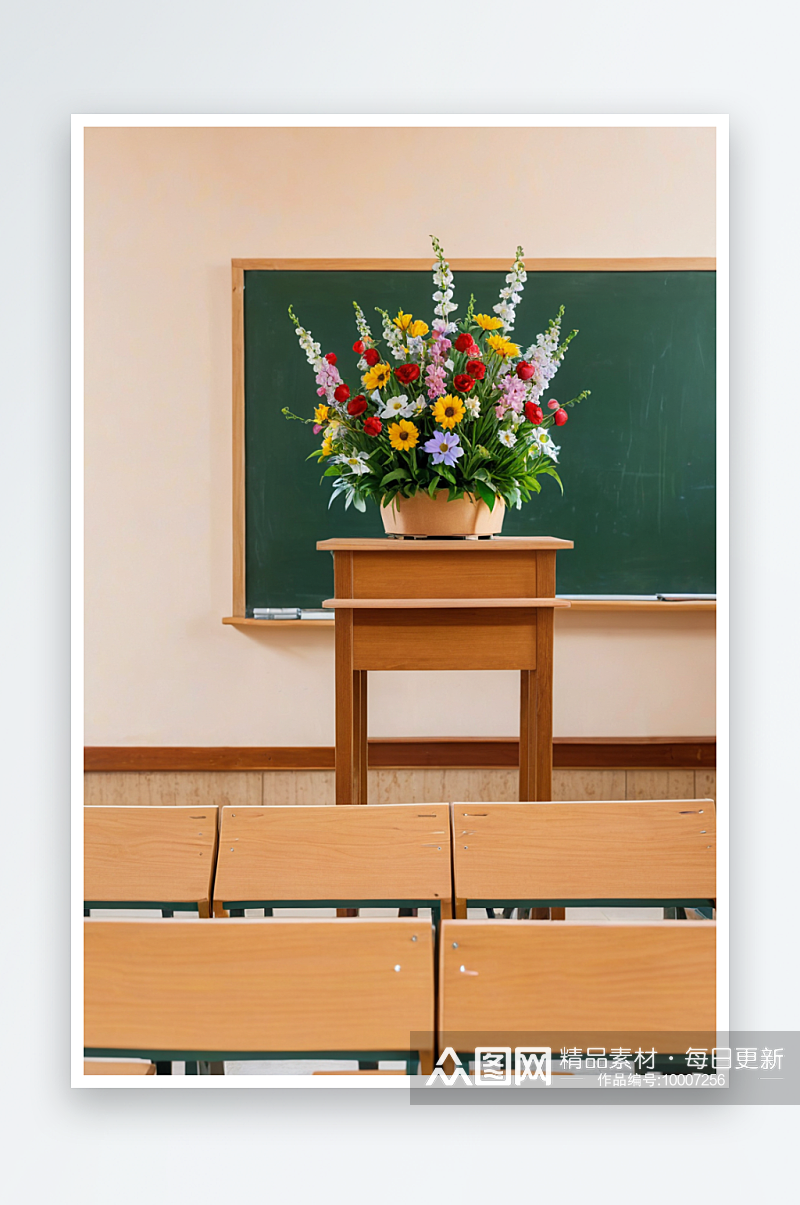 教师节讲台上的花和没有人的教室素材