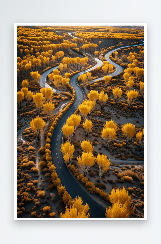 中新疆最秋色胡杨林蜿蜒的公路盘伸在胡杨林