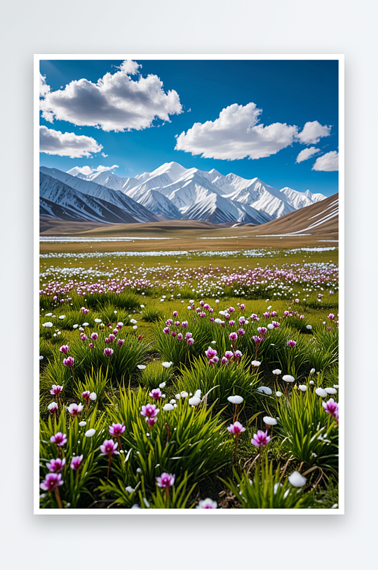 中新疆伊犁春天雪山草地自然风光