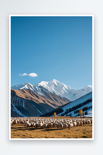 中新疆雪山森林牧场绵羊自然风光