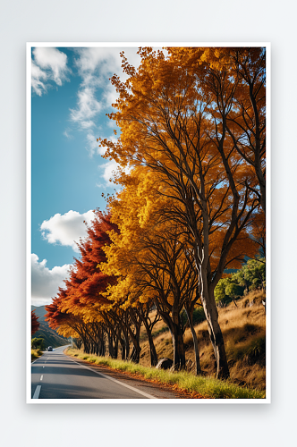 中乌兰布通乡秋天路边的树木映衬着天空