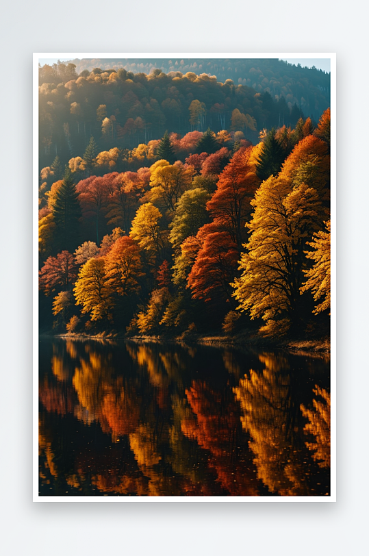 秋天树木旁的湖景