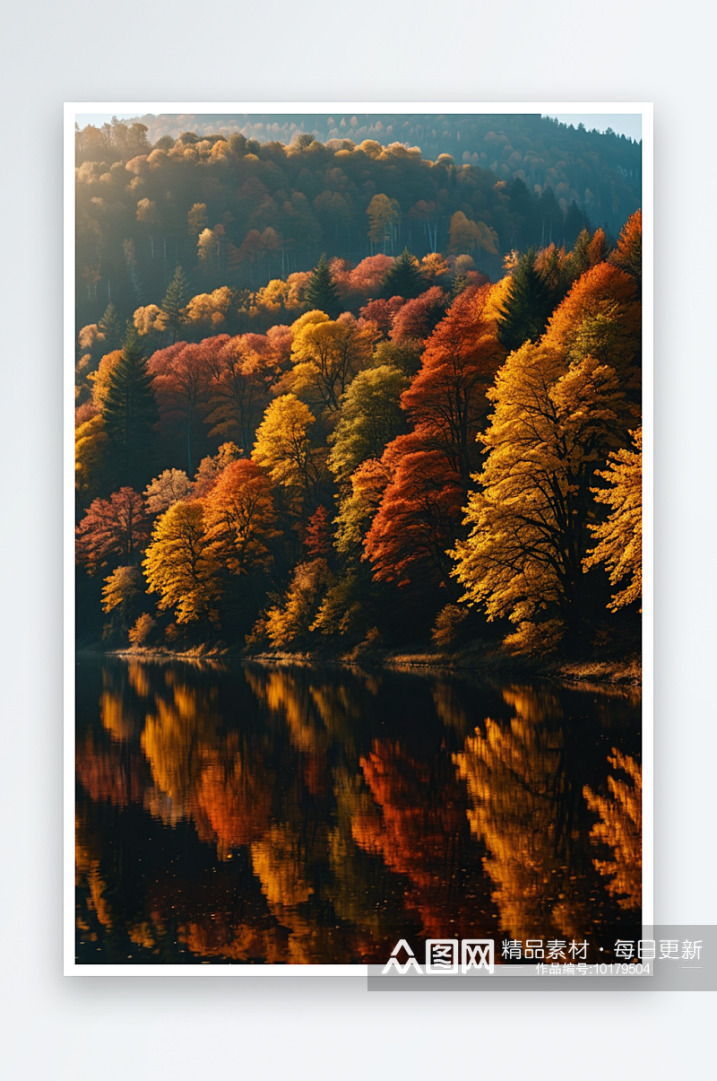 秋天树木旁的湖景素材