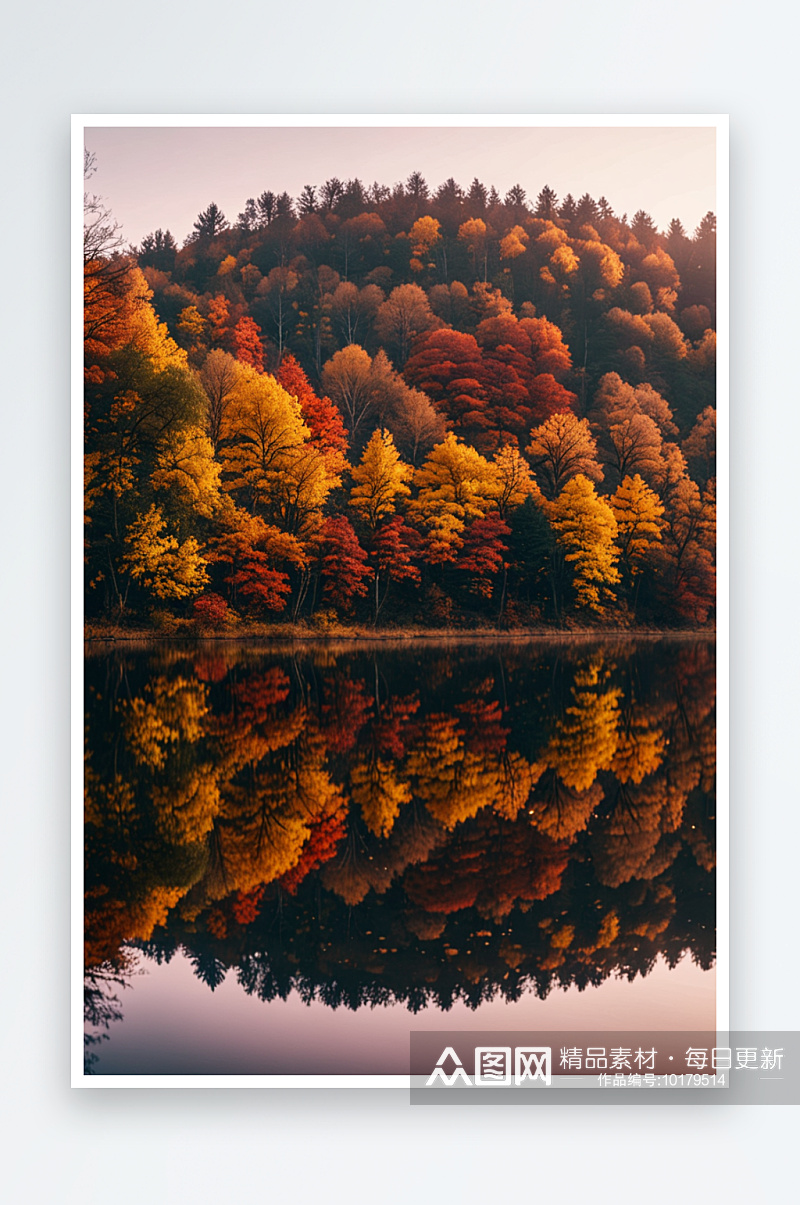 秋天金色的山林倒映在湖泊中素材