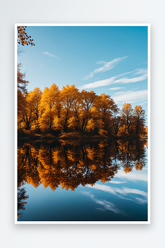 秋天湖边的树顶着天空