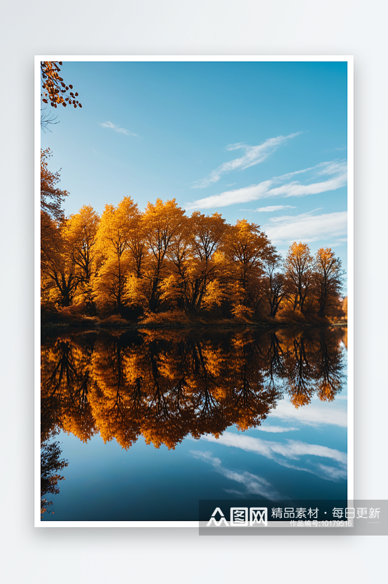 秋天湖边的树顶着天空素材