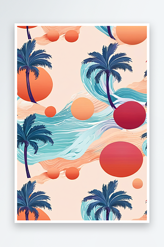 数码海滩棕榈树沙滩球图案图案抽象图形海报