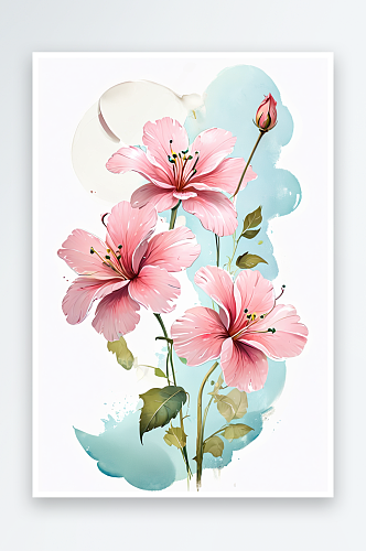 手绘水彩花卉手绘水彩花卉盛开粉色百合花图