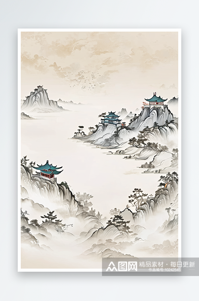 中式江南水乡水墨徽派建背景墙图片素材