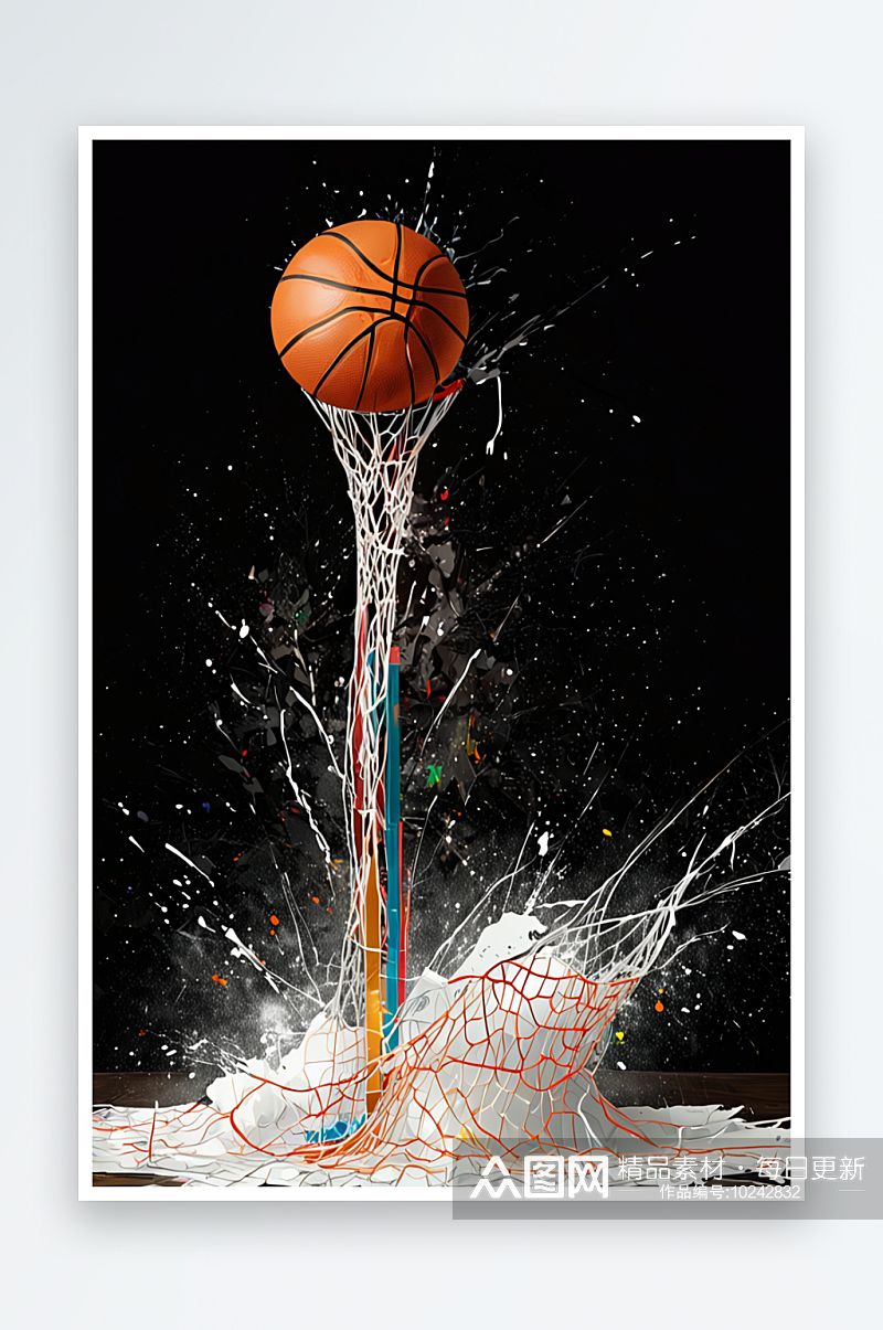 一个篮球地面上撞击反弹黑色背景上粉末图片素材