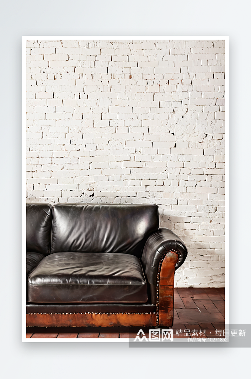 皮沙发与空砖墙照片素材