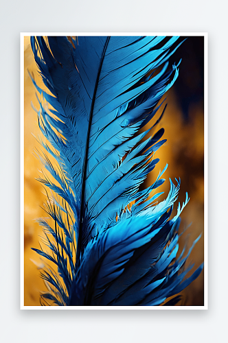 蓝色的蓝色鸟的羽毛在黄色的散焦背景抽象艺