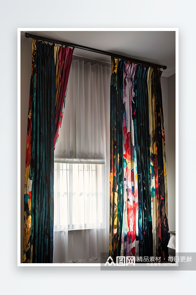 卧室里的褶皱窗帘照片素材