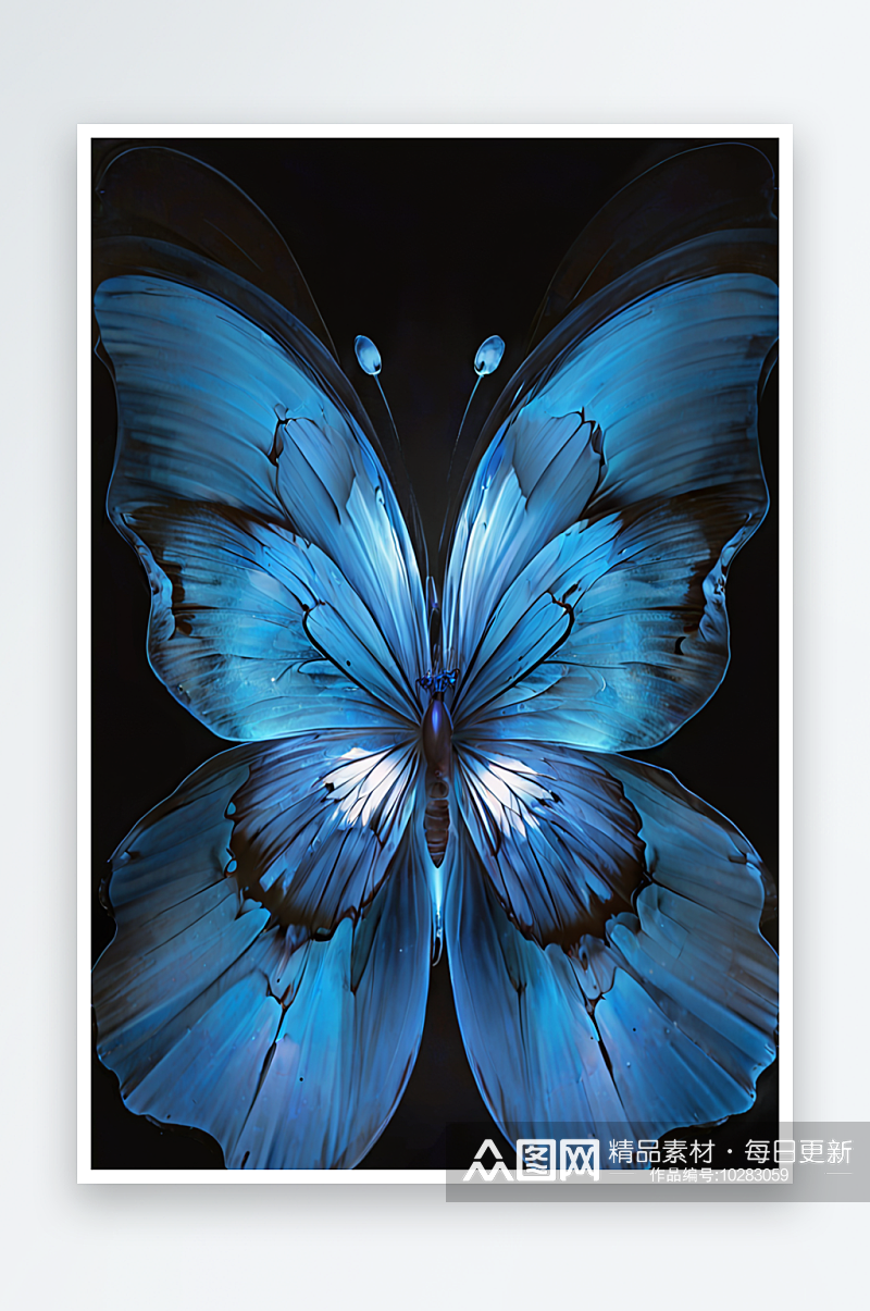 黑色背景上的蓝色径向技术蝴蝶花分形照片素材