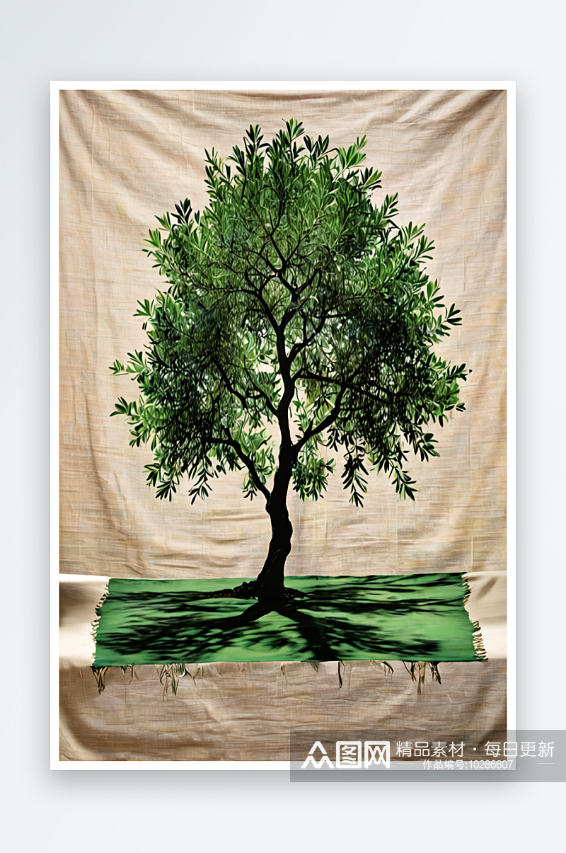 概念本质布上的绿橄榄树剪影照片素材