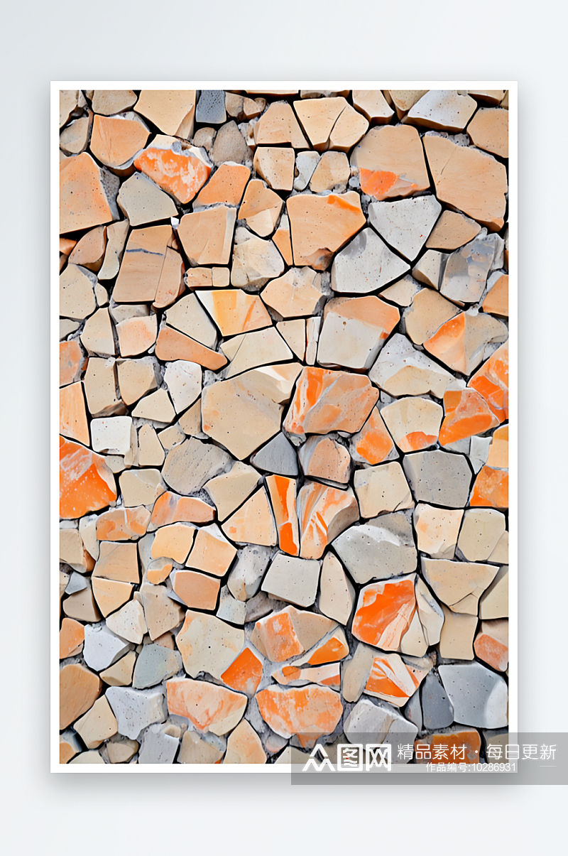 粉彩米色橘色和灰色疯狂铺装风格的碎石墙照素材