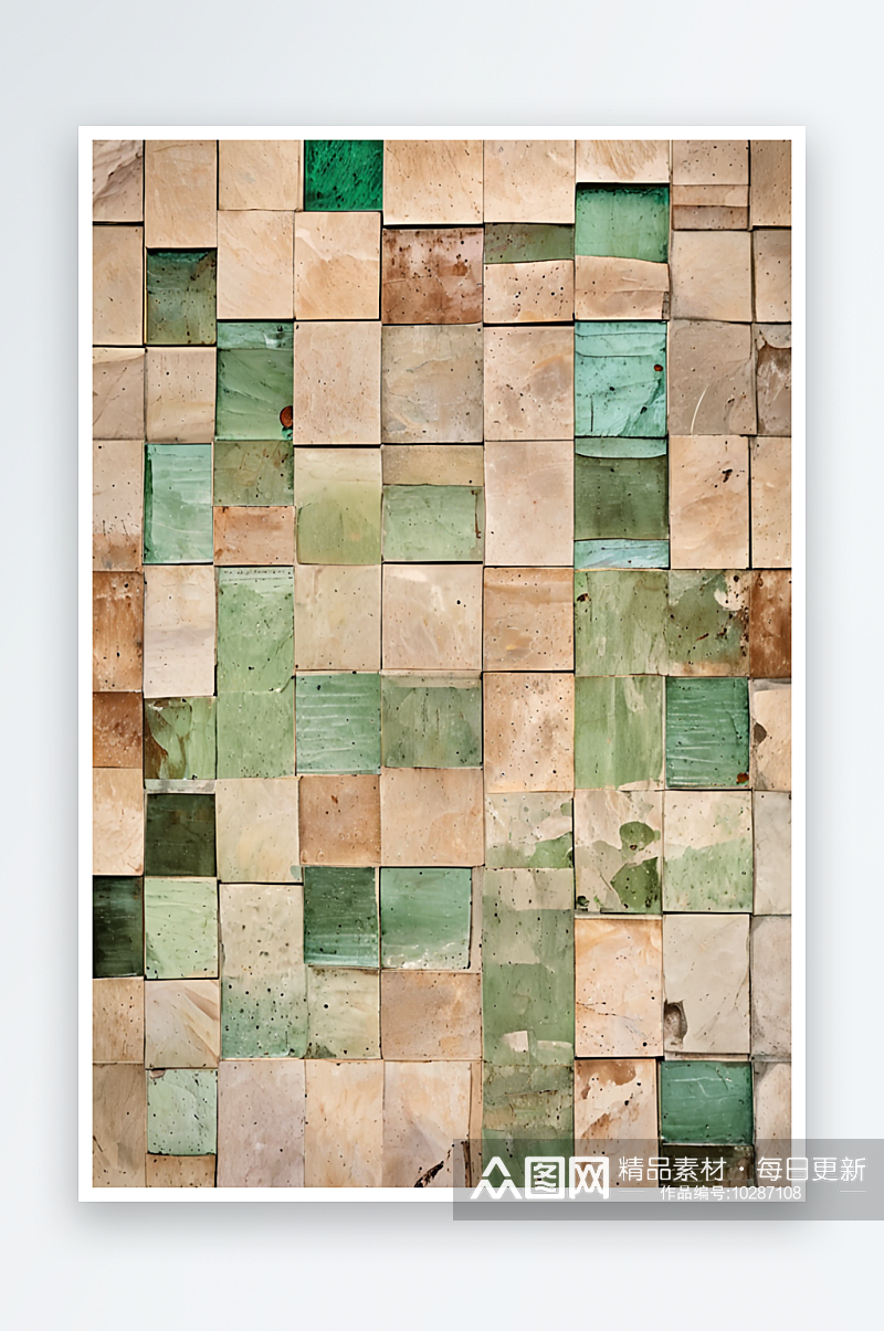 方形米色棱纹水泥墙砖与压碎的绿色透明和棕素材