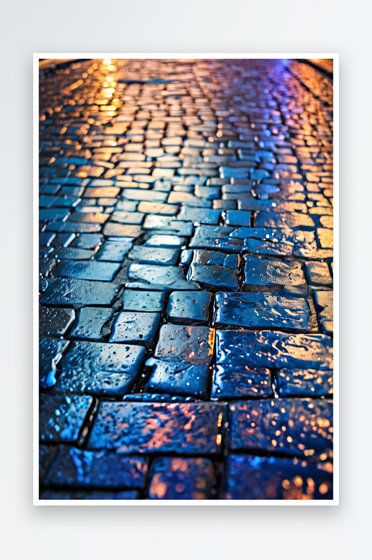 鹅卵石路面反射在城市夜晚湿蓝皮人行道照片