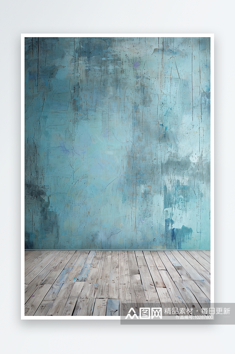 带有木地板和蓝色混凝土墙的现代空房间照片素材