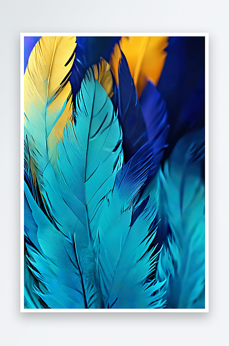 水蓝色的鸟羽毛在黄色的散景背景抽象艺术微