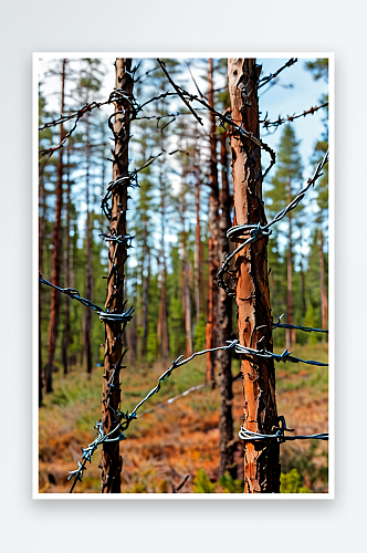 松树林背景下的铁丝网的全帧拍摄照片