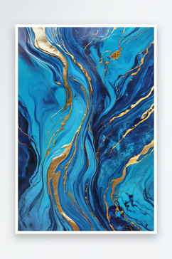 抽象金色波浪在蓝色大理石扭曲的线条背景蓝