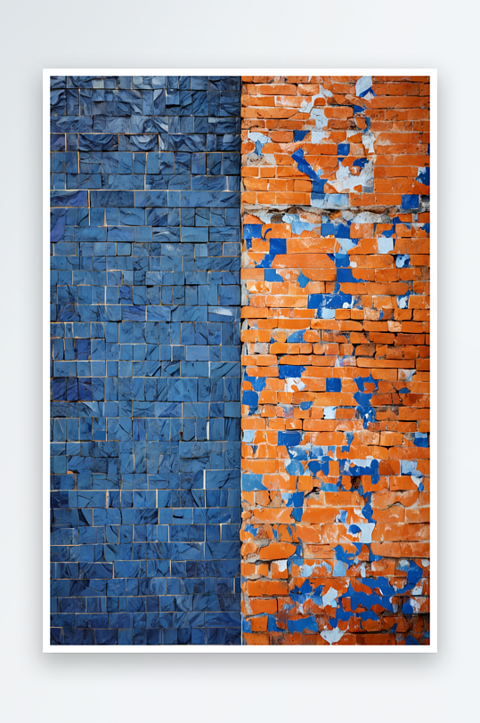 充满活力的对比橙色砖墙与蓝色瓷砖大理石照