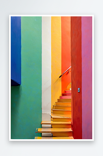 彩色楼梯和彩色背景墙照片