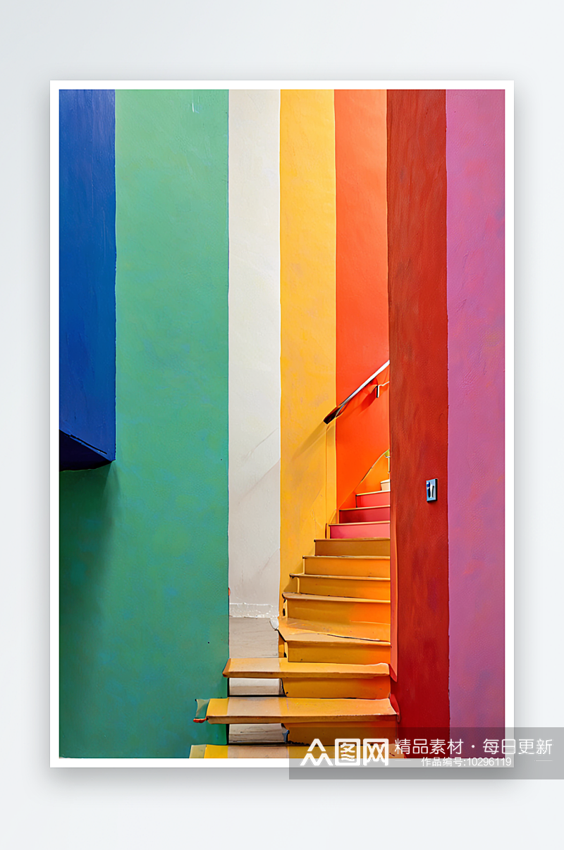 彩色楼梯和彩色背景墙照片素材