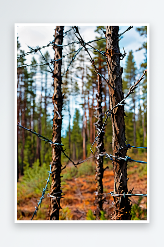 松树林背景下的铁丝网的全帧拍摄照片