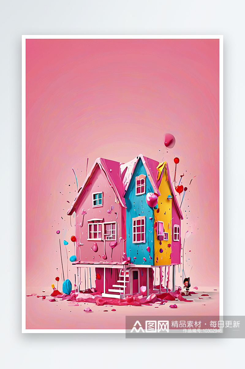 数字艺术粉色糖果屋背景六一儿童节宣传横板素材
