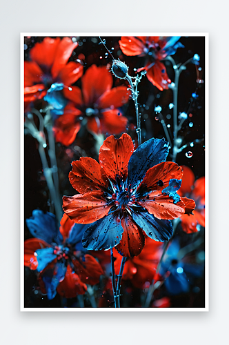抽象的红色和蓝色带粒子的花朵照片