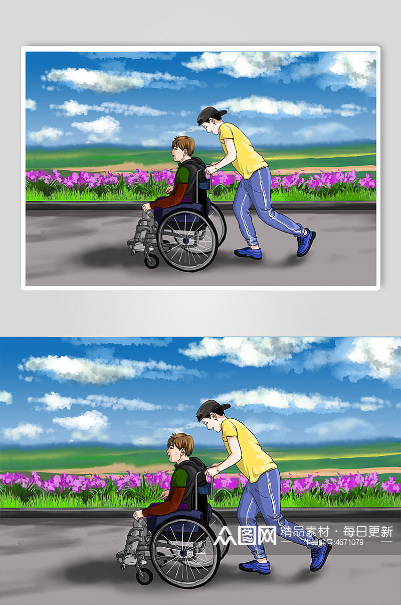残疾人坐轮椅人物插画素材