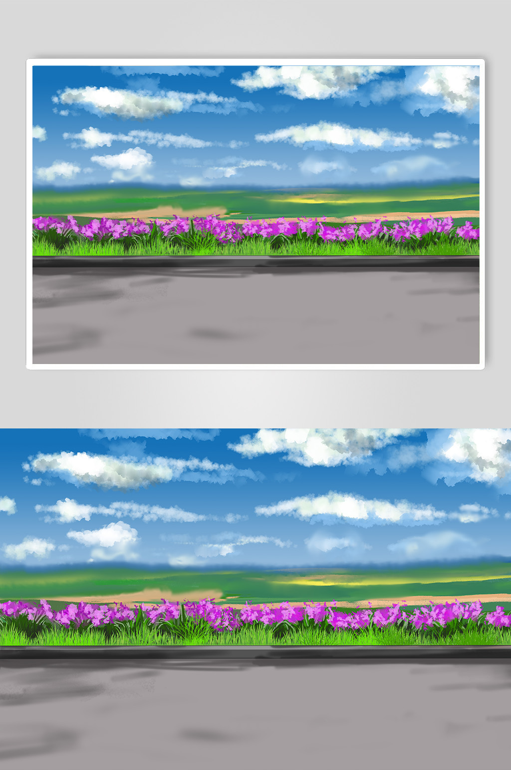 馬路天空花叢插畫背景素材