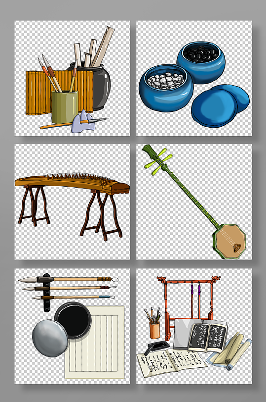 手绘古风琴棋书画物品png元素插画