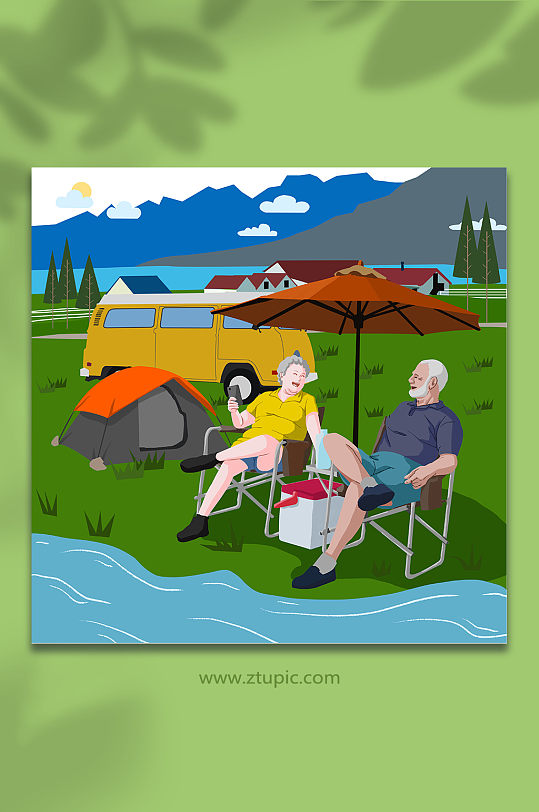 扁平化风格郊游旅游露营老年人人物插画