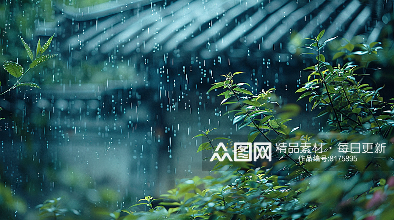 数字艺术图春天下雨的屋檐素材图素材