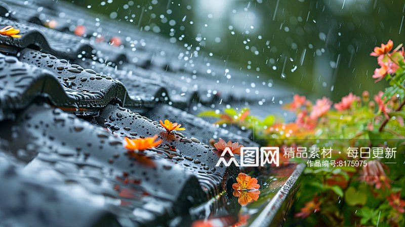 数字艺术图春天下雨的屋檐素材图素材