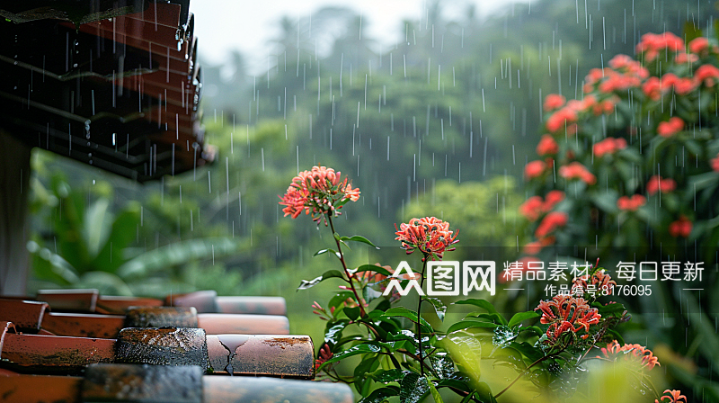 数字艺术图春天下雨的屋檐春天下雨天素材