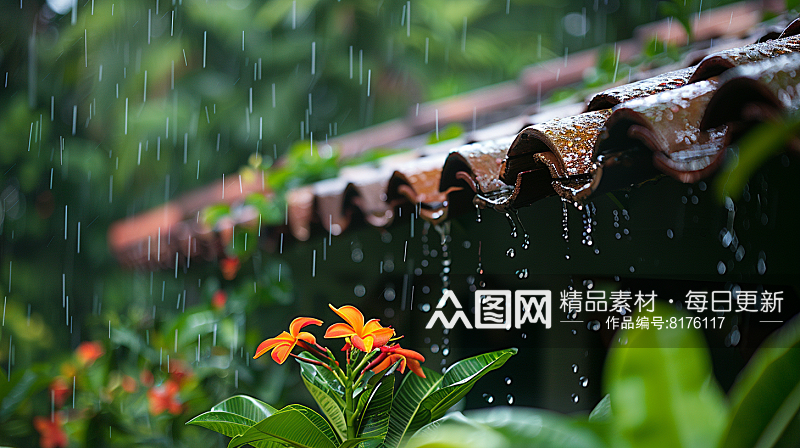 数字艺术图春天下雨的屋檐春天下雨天素材