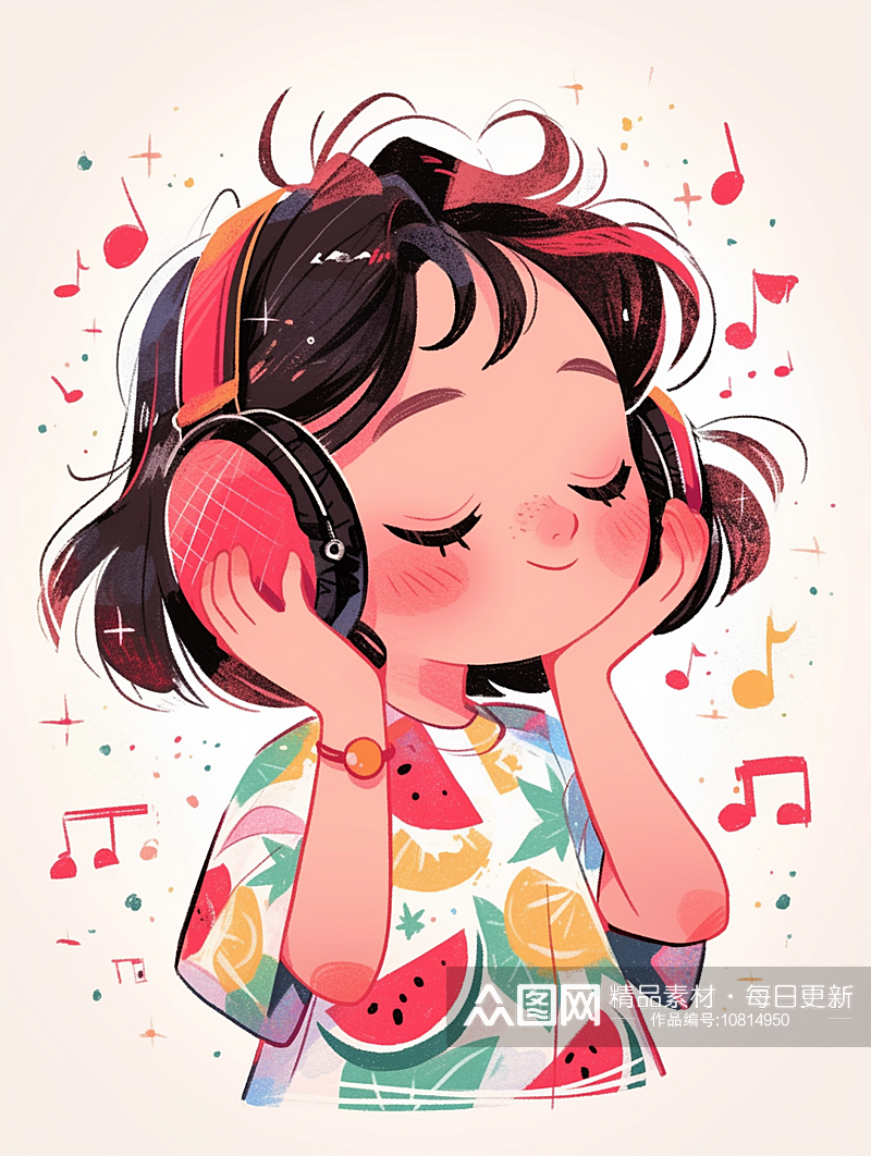 听音乐的可爱卡通人物素材图AI图素材下载-众图网