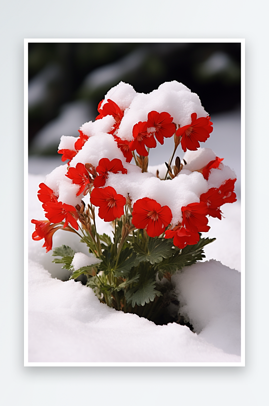 冬天雪中的花朵叶子素材图片